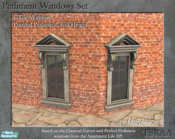 Sims 2 — Pediment Set - 1-Tile Window - Point Tall D by MsBarrows — Pointed pediment 1-tile wide tall window. Diagonal