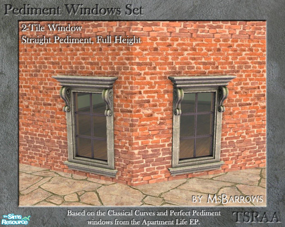 Sims 2 — Pediment Set - 2-Tile Window - Straight Tall D by MsBarrows — Straight pediment 2-tile wide tall window.