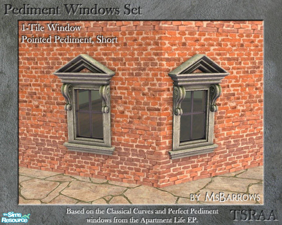 Sims 2 — Pediment Set - 1-Tile Window - Straight Short D by MsBarrows — Straight pediment 1-tile wide short window.