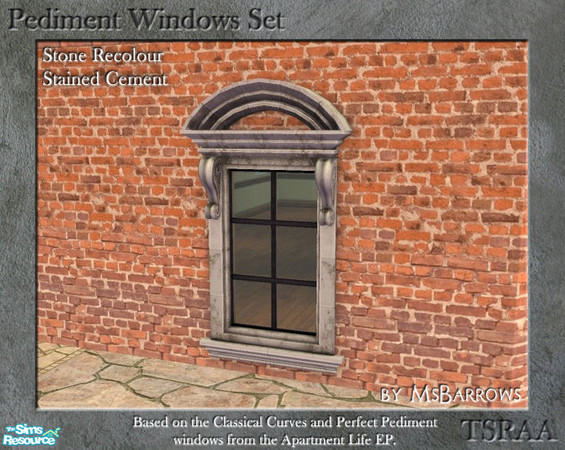 Sims 2 — Pediment Set - Recolour - Stained Cement by MsBarrows — A recolour for the stone frame of the pediment windows