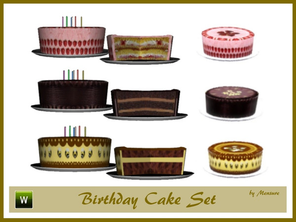 Sims 3 — Birthday Cake Set by mensure — BirthdayCakeSet by mensure. This set contains three different birthday cakes.