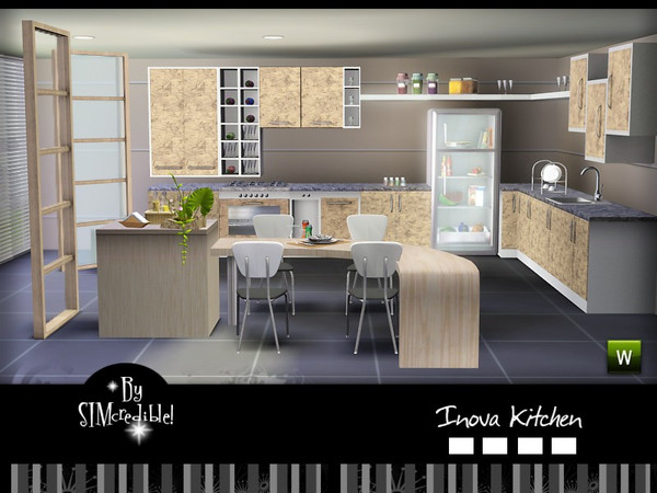 Sims 3 — Inova Kitchen by SIMcredible! — a modern kitchen featuring a glass fridge, different shelves, a modern rounded 3