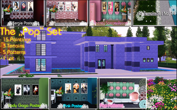 Sims 3 — The Pop Set by TSR Archive — This set contains: --15 Celebrity paintings. --1 Lot --5 Patterns --3 Terrains I
