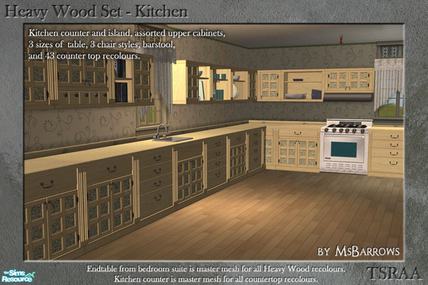 Sims 2 — Heavy Wood Kitchen by MsBarrows — A set of counters, cabinets, tables, and assorted dining chairs in the Heavy