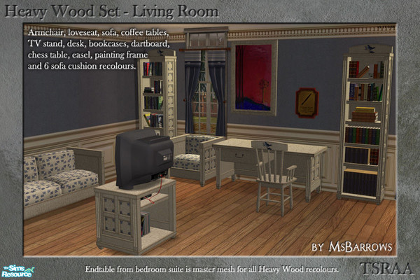 Sims 2 — Heavy Wood Living by MsBarrows — A set of living room furniture in the Heavy Wood style, as well as 6 recolours