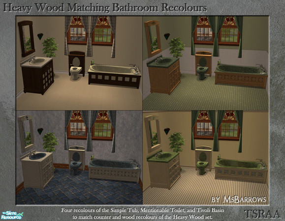 Sims 2 — Heavy Wood Matching Bathroom Recolours by MsBarrows — Four recolours of the Simple Tub from Krampft Industries,
