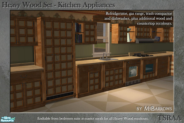 Sims 2 — Heavy Wood Kitchen Appliances by MsBarrows — A gas range, refrigerator, trash compactor and dishwasher in the