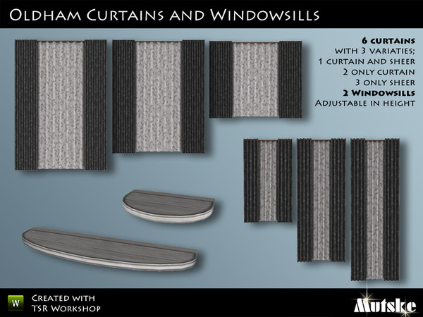 Sims 3 — Oldham Curtains by Mutske — New curtains and sills. All curtains have 3 variations, 1 curtain and sheer, 2 only