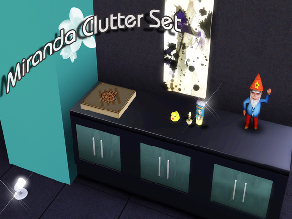 Sims 3 — Miranda Clutter Set by TSR Archive — This set contains: Bubble Bath Magic Gnome Perfume Bottles Pizza
