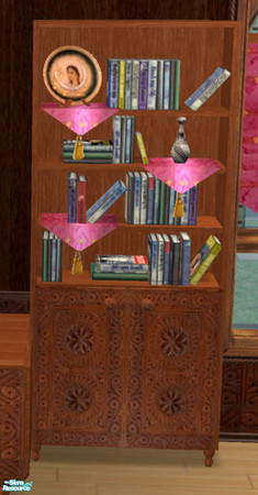 Sims 2 — Indian Inspired Study - Bookcase MESH by Simaddict99 — hand carved wooden bookcase with decorative cloths and