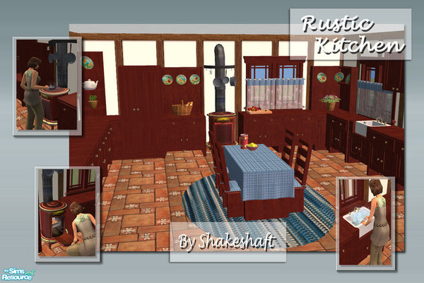 Sims 2 — Rustic Kitchen by Shakeshaft — A Rustic style kitchen set with 13 new meshes and 6 recolours, set includes