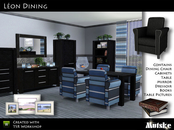 Sims 3 — Dining Leon by Mutske — The set contains diningchair, table, several cabinets, dressoir, mirror, books and table
