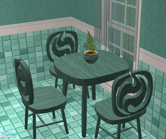 Sims 2 — Great Groovy Set by TheNinthWave — Included in the set: Wall, Floor, Curtain, Dining Chairs, Dining Table, Fern.