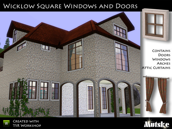 Sims 3 — Wicklow Square Windows by Mutske — Set of 12 windows, 5 doors, 2 arches and 2 attic curtains. Matches the
