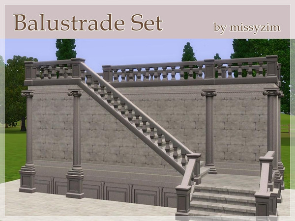 Sims 3 — Balustrade Set by missyzim — Set includes seamless fencing, staircase railing and a decorative column base.
