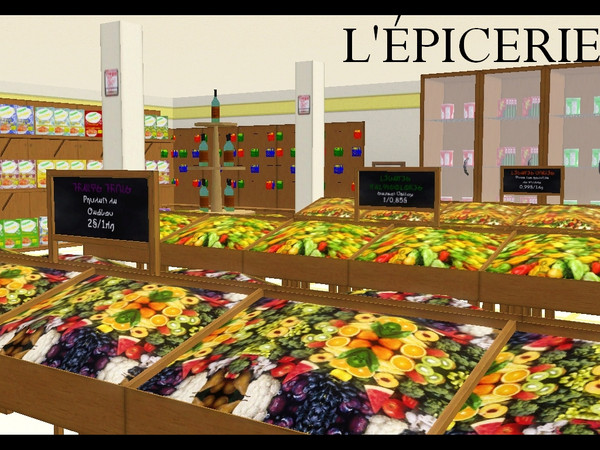 Sims 3 —  by lilliebou — Hi ! This is a set of 11 items related to a grocery store. It includes: -Four objects on which