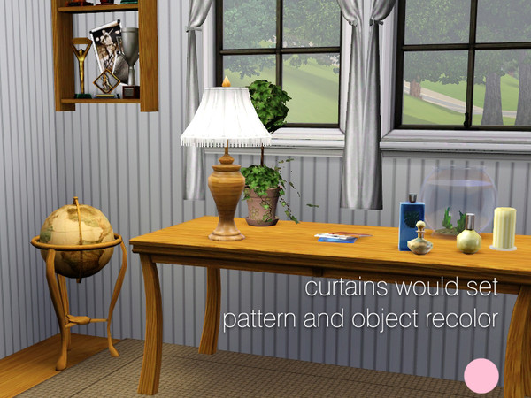 Sims 3 —  Curtains Would Set by DOT — Curtains Would Set. Wood Curtain, Window, Table, Lamp, Wall, Floor, Shelf, Globe.