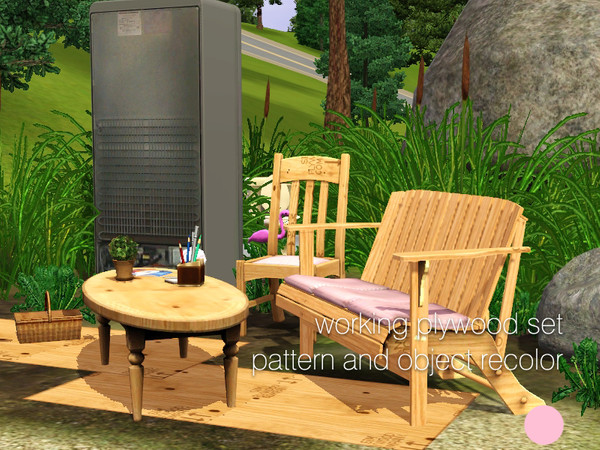 Sims 3 —  Working Plywood Set by DOT — Working Plywood Set. Chair, Loveseat, Coffee Table, Rug and Plant Pot by DOT of