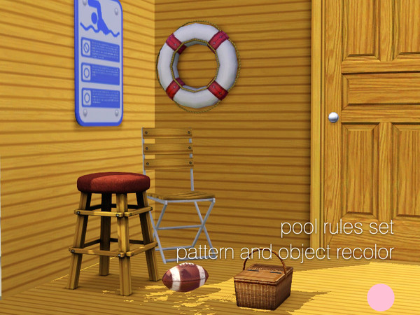 Sims 3 —  Pool Rules Set by DOT — Pool Rules Set. Sturdy Stool Wood, Wood Bistro Chair, Lucky Door, Slat Wood Flooring,