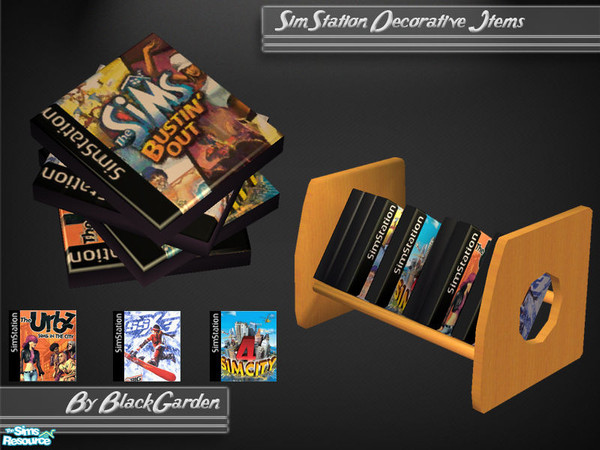 Sims 2 — SimStation Decorative Items by BlackGarden — A decorative game rack with SimStation games, and a stack of