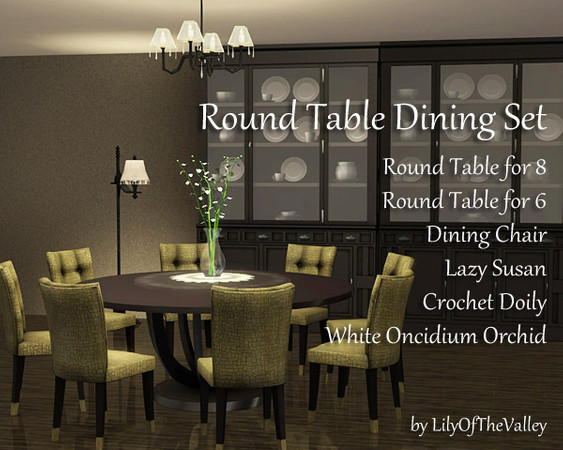 Sims 3 — Round Table Dining Set by LilyOfTheValley — Big round dining table for more than 4 sims to eat at! A rotating