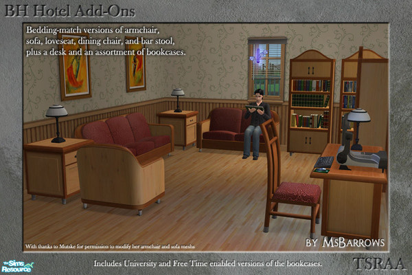 Sims 2 — BV Hotel Add-Ons by MsBarrows — Includes several new meshes, and bedding-match versions of existing ones.
