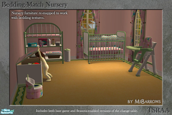 Sims 2 — Bedding-Match Nursery by MsBarrows — The crib, change table, high chair, potty chair, and toy box re-mapped to