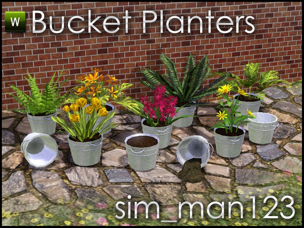 Sims 3 — Bucket Planters by sim_man123 — A set of 11 various planters - 4 various versions of just the bucket, and then 7