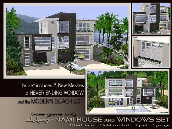 Sims 3 — Nami Beach House and Windows SET by aloleng — The set features the NEVER-ENDING windows with corners, single