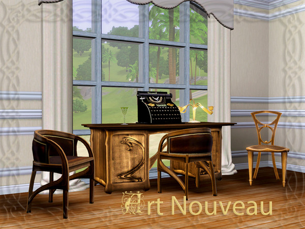 Sims 3 — Art Nouveau Set  by ShinoKCR — Set includes a 2 part Bookcase or Cabinet (with slots), Desk, Armchair,