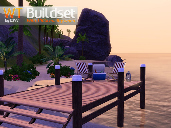 Sims 3 — WT Buildset by D3VV — A pier for watching the sunset, a foundation made out of wood for resting in the forest, a