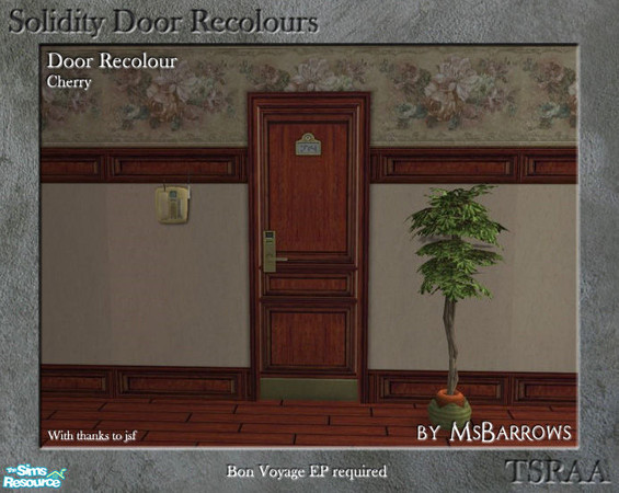 Sims 2 — Solidity Door Recolours - Cherry by MsBarrows — A recolour of the Solidity hotel room door from Bon Voyage, to