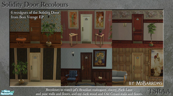 Sims 2 — Solidity Door Recolours by MsBarrows — Six recolours of the Solidity hotel room door from Bon Voyage, to match