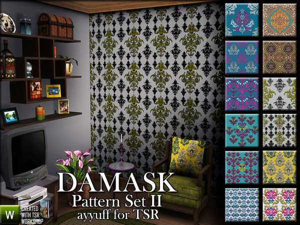 Sims 3 — Damask Pattern Set02 by ayyuff — 12 recolorable patterns