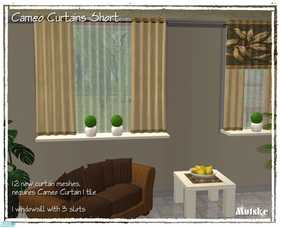 Sims 2 — Cameo Curtains Set Short by Mutske — Set of 12 new curtain meshes, 1 windowsill, uses texture from the