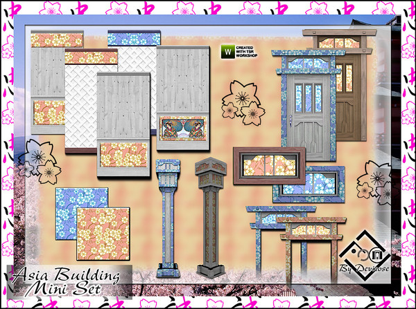 Sims 3 — Asia Building Mini Set by Devirose — East charms. This set contains 5 Asian-style walls. 1 port, in various