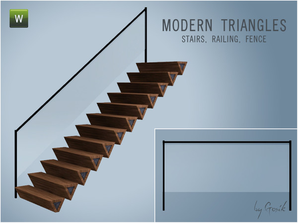 Sims 3 — Modern Triangles by Gosik — Set includes following items: modular stairs, railing and a fence. All objects come