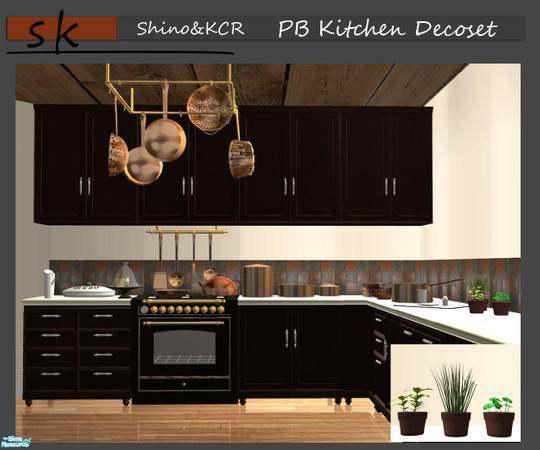 Sims 2 — PB Kitchen Decoset by ShinoKCR — First the Decoset with a Copper Potset, Placeset, 3 Plants, Backsplash, and
