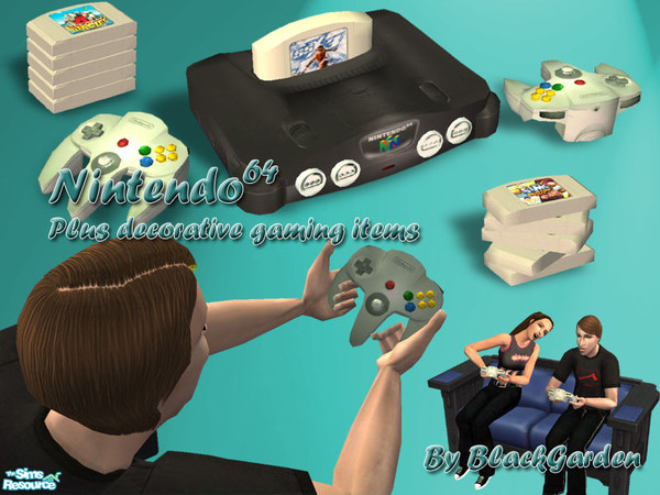 Sims 2 — Nintendo 64 Starter Set by BlackGarden — The Nintendo 64 remade for the Sims 2, plus two stacks of GamePaks, and