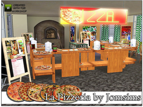 Sims 3 — la pizzeria by jomsims — la pizzeria in this set.Two different tables. 5 different pizzas. sign light. sign of