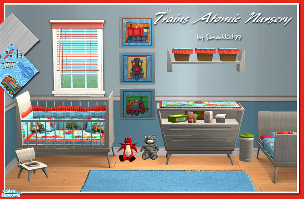Sims 2 — Trains Atomic Nursery by Simaddict99 — Blues and red train themed and light grey wood nursery recolor. This will