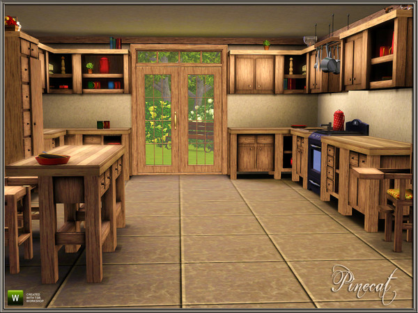 Sims 3 — Brookhaven Kitchen by Pinecat — Set includes two counters, three upper cabinets, an island, barstool, fridge,