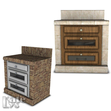 Sims 3 — Rustic Kitchen Counter 04 by katelys — A standalone counter with drawers. There are a decorative pan and a