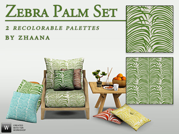 Sims 3 — Zebra Palm Set by Zhaana — This bold print features a zebra skin-like pattern of tropical palm leaves in a