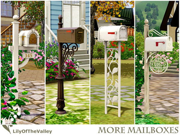 Sims 3 — More Mailboxes by LilyOfTheValley — Say goodbye to the default mailbox! Here are 4 functional custom mailboxes