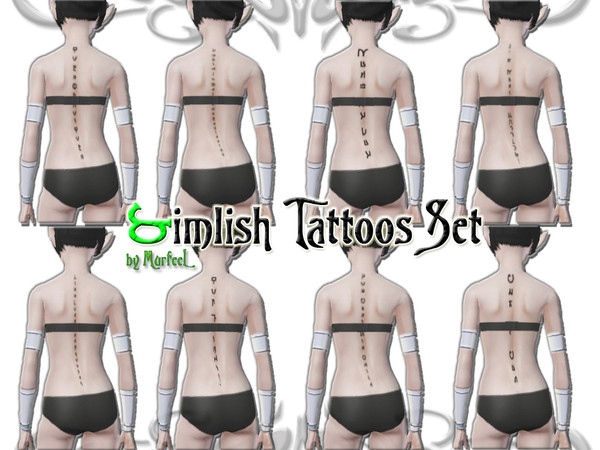 Sims 3 — Simlish Tattoos Set by murfeel — I've been jealous of Ambitions' vertical tattoos for a good long while now, and