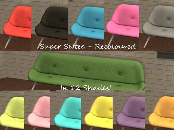 Sims 2 — Super Settee Recolours by portiapudding — Twelve recolours of the Super Settee from the Pets EP. These are basic