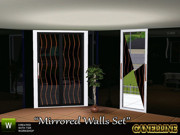 Sims 3 — Mirror Walls Set by Canelline — This set allows to create mirrored walls. The walls, the sliding-door and the