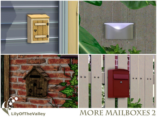 Sims 3 — More Mailboxes 2 by LilyOfTheValley — Here are 4 functional wall-mount mailboxes of different styles. Mailbox is