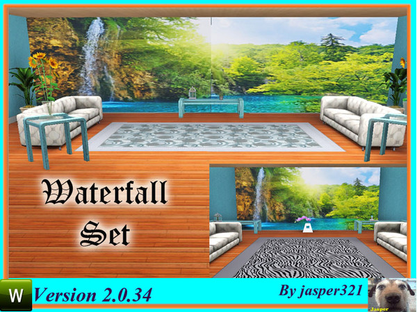 Sims 3 — Waterfall Set by jasper321 — A set of three paintings of a waterfall, 1 complete picture 5 tiles wide full wall